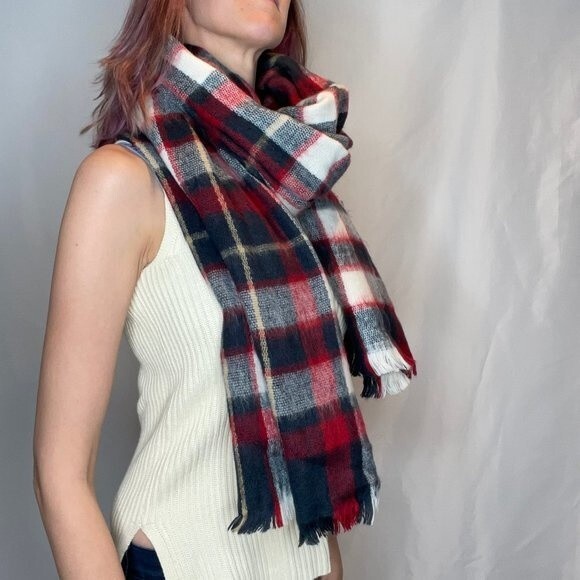 unknown Accessories - Unbranded Partially Felted Knit Woven Blanket Scarf Short Fringe Plaid Winter